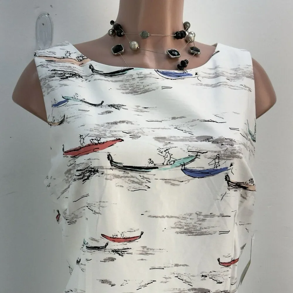NEW Leslie Fay Venice Gondula Boat White Sleeveless Knee Length Shift Dress 14 - Picture 7 of 17